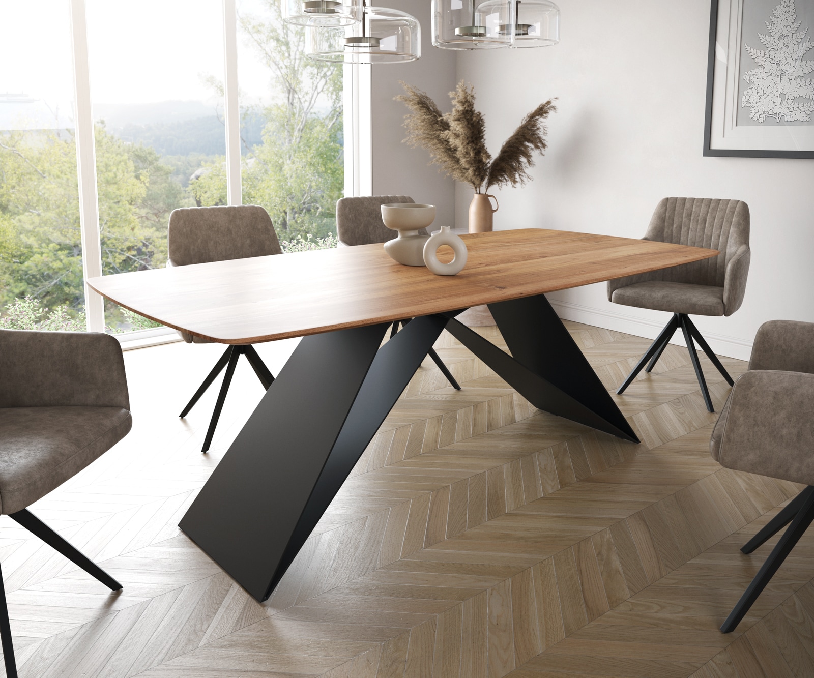 Table à manger Edge Boot 200x100 acacia nature cadre en V acier plat noir bord suisse
