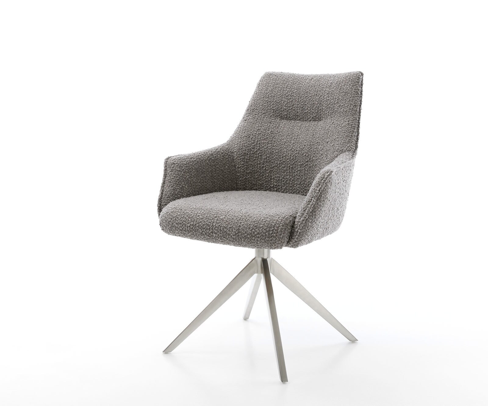 Chaise-pivotante Alja-Flex avec accoudoirs bouclé gris argenté pied croisé large acier inoxydable brossé pivotement sur 360° ressorts ensachés 1