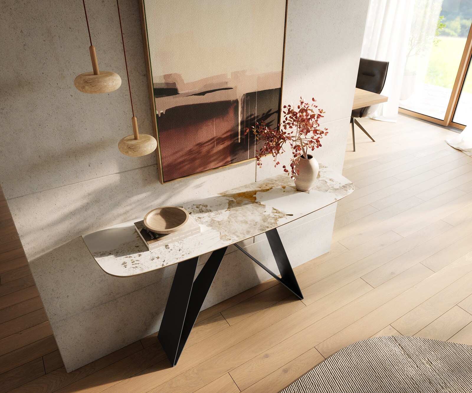 Console Edge forme bateau 140x40 cm Céramique Minas Melange Weiß-Beige Velio Métal Noir 1