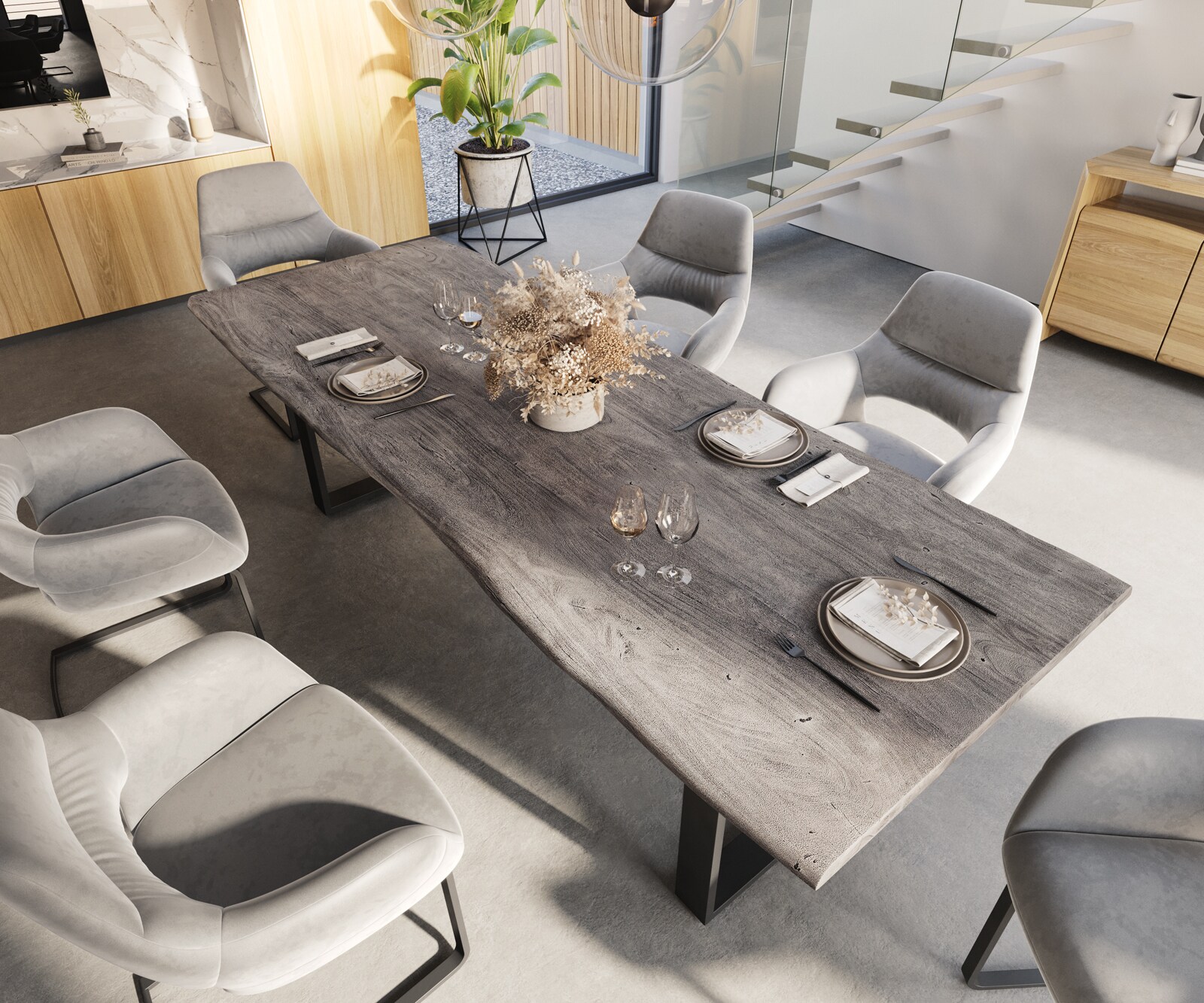 Table à manger Edge 260x100 acacia platine cadre traîneau noir Live-Edge 3 Table à manger Edge 260x100 acacia platine cadre traîneau noir Live-Edge 3