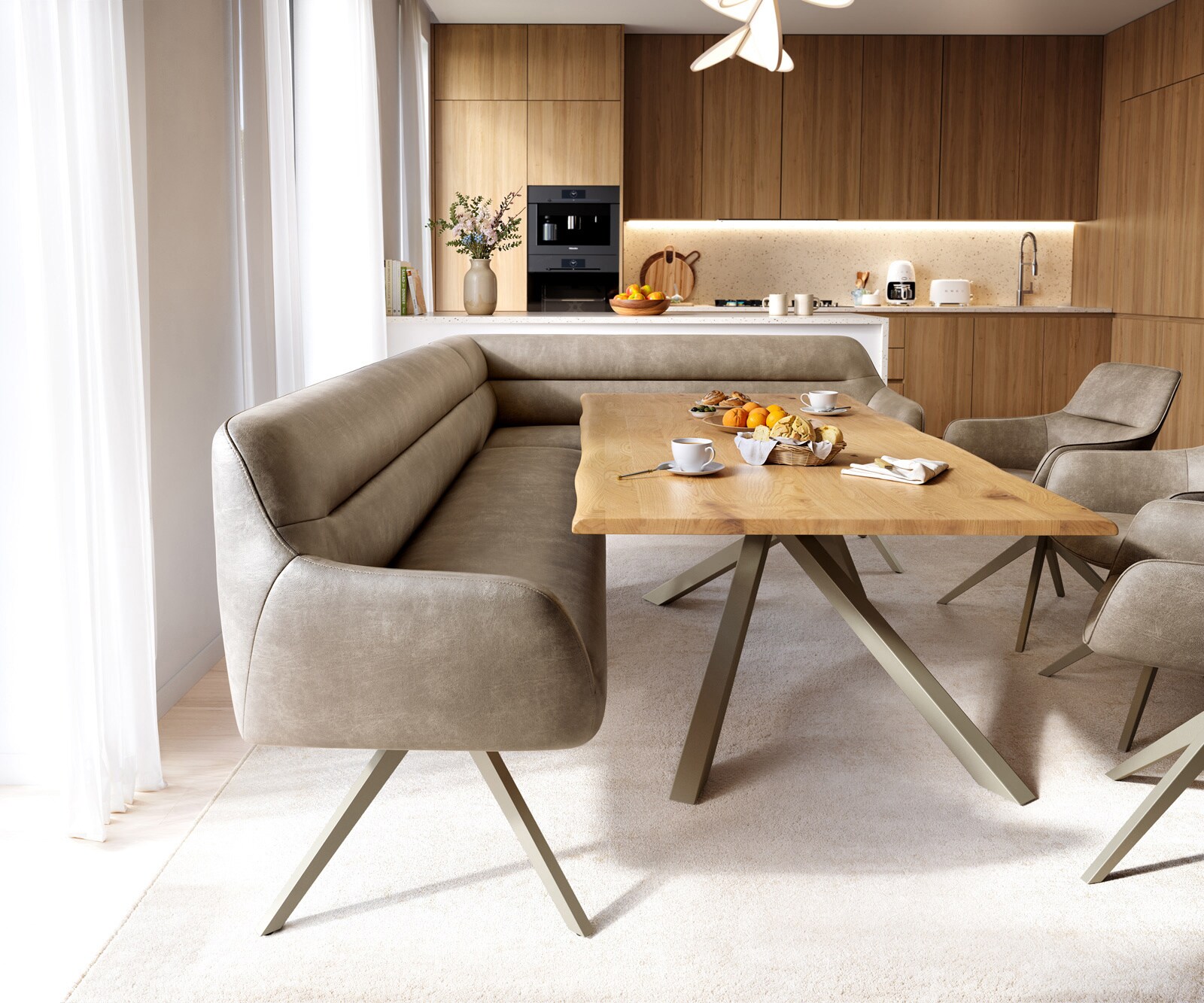 Banc-de-salle-à-manger Taya-Flex 285x190 cm microfibre beige vintage pied croisé angulaire titane ressort ensaché liens 2