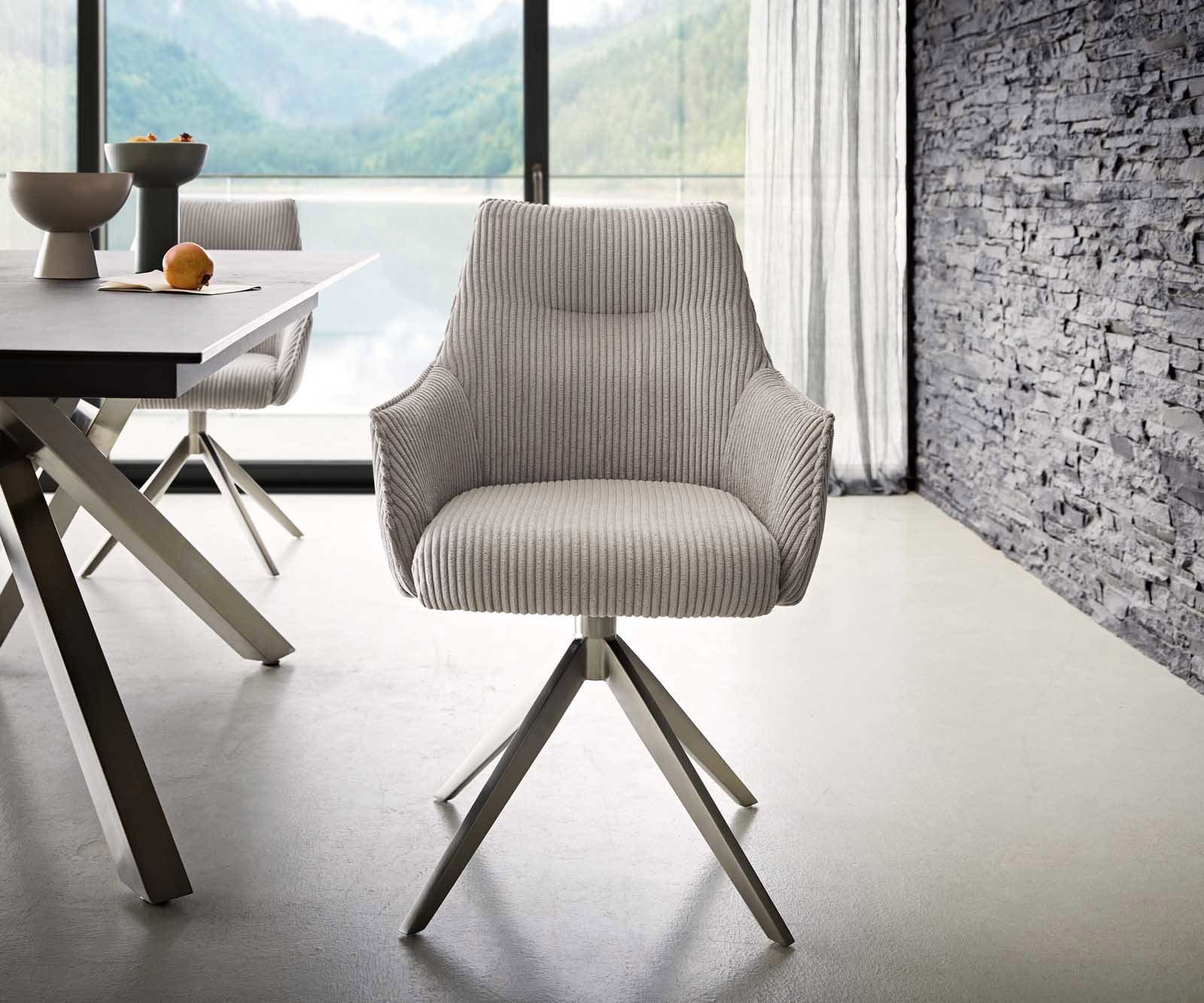 Chaise-pivotante Alja-Flex avec accoudoirs côtelé gris argenté pied croisé large acier inoxydable brossé pivotement sur 360° ressorts ensachés 1 Chaise-pivotante Alja-Flex avec accoudoirs côtelé gris argenté pied croisé large acier inoxydable brossé pivotement sur 360° ressorts ensachés 1