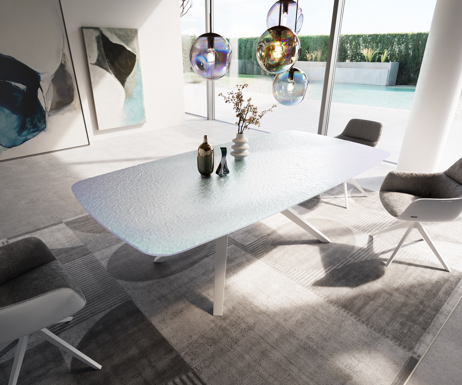 Table à manger Edge Boot 240x120 verre en relief Perlmutt 3D-Design Zenthara Angulaire métal blanc 2