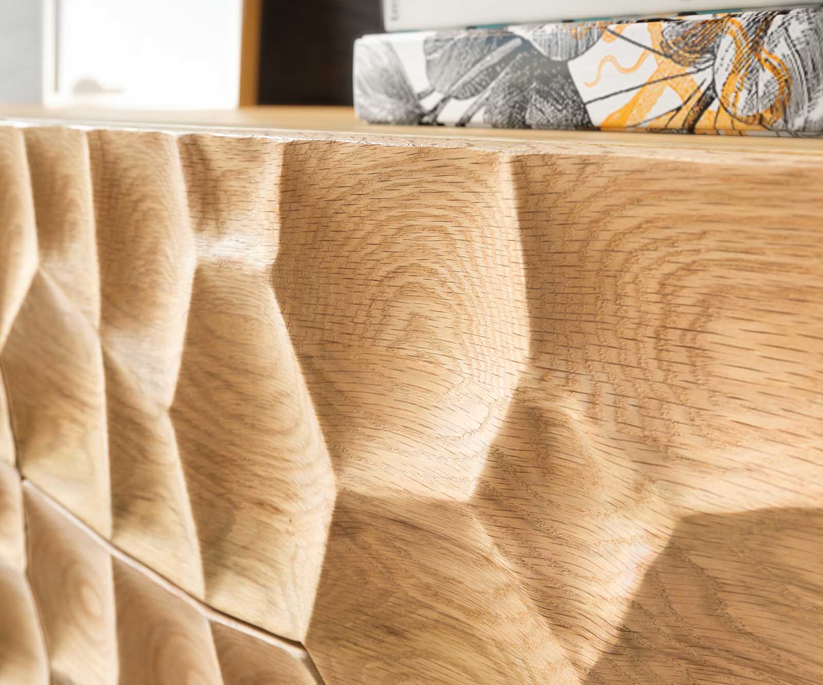 buffet Solu 145 cm en chêne naturel 2 portes 3 tiroirs pieds profilés métal noir face avant 3D 6