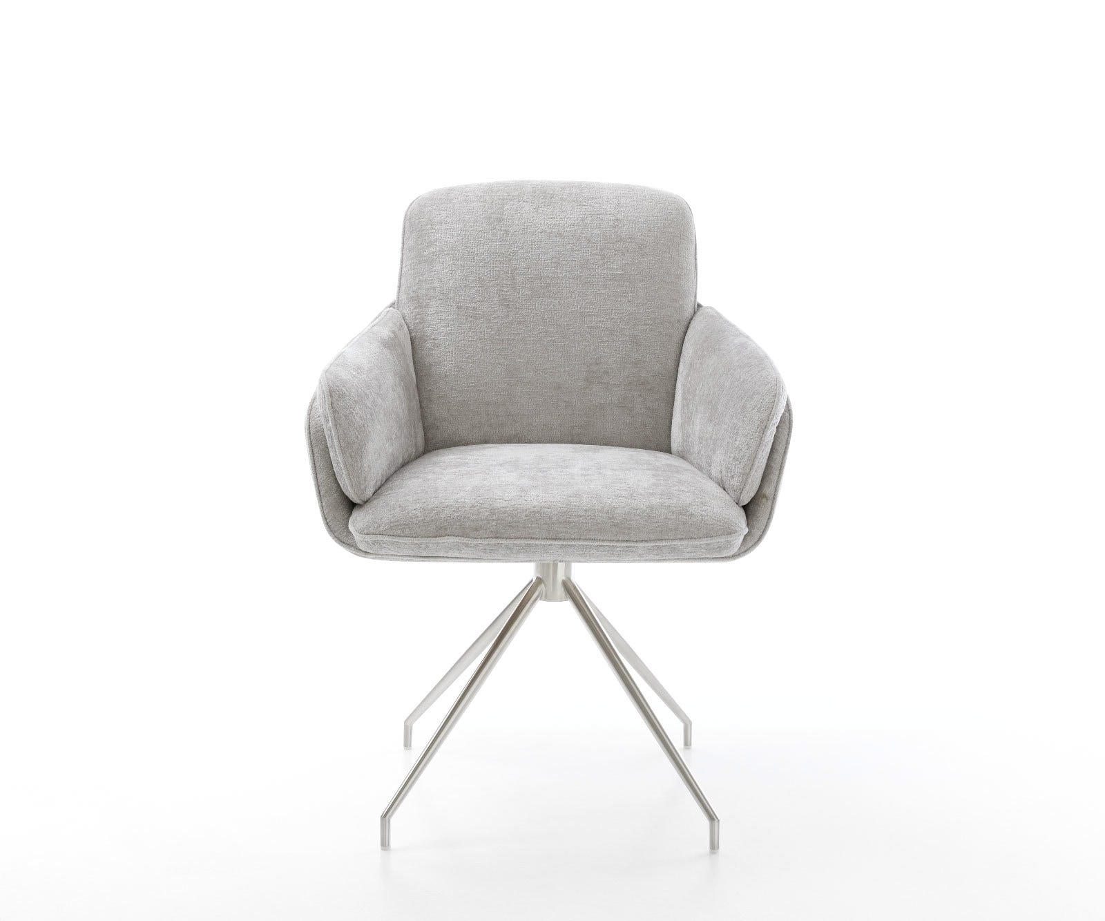 Chaise-pivotante Luan-Flex avec accoudoirs chenille gris argenté pied croisé conique acier inoxydable brossé pivotement sur 180° 1 Chaise-pivotante Luan-Flex avec accoudoirs chenille gris argenté pied croisé conique acier inoxydable brossé pivotement sur 180° 1