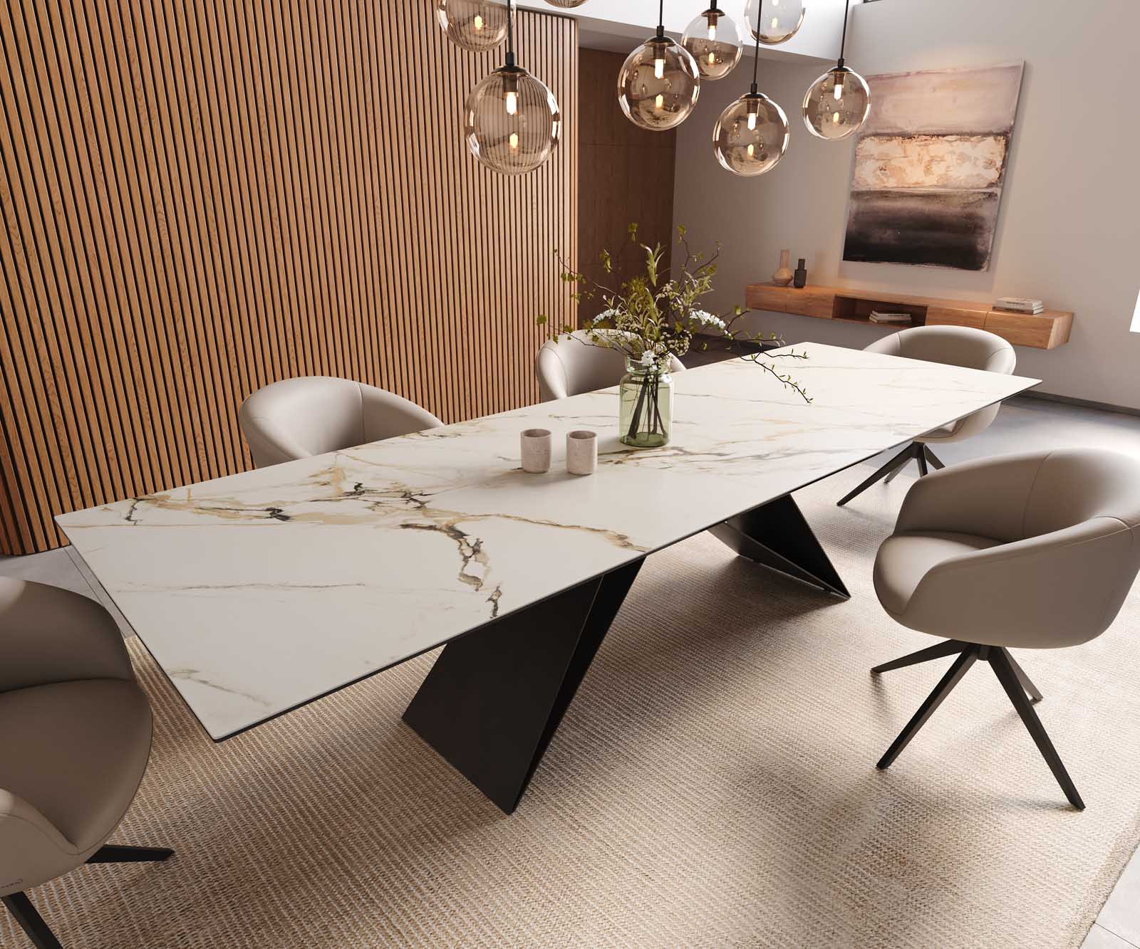Table à manger Edge 300x100 céramique Calacatta Luxe blanc-doré-gris cadre en V acier plat noir 1