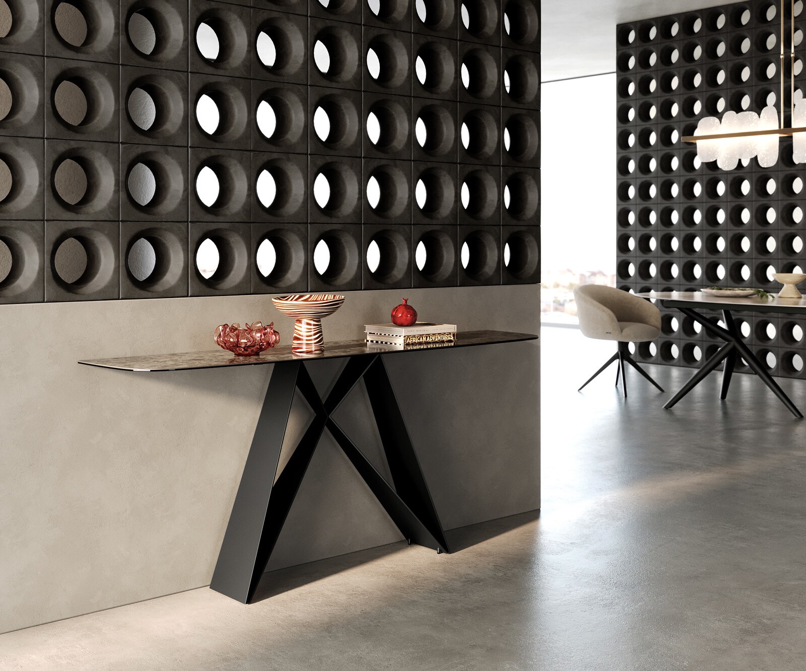 Console Edge forme bateau 180x40 cm Céramique Emperador Extra Lucidato Dunkelbraun Velio Métal Noir 7