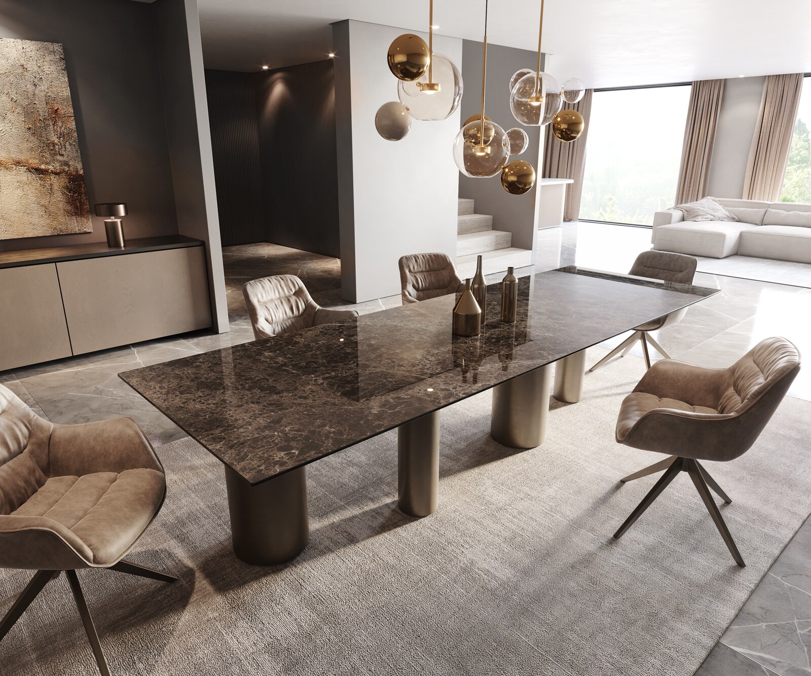 Table à manger Edge 300x100 Laminam® Emperador Extra Lucidato Marron foncé Pilier Métal finition à effet Titane 2