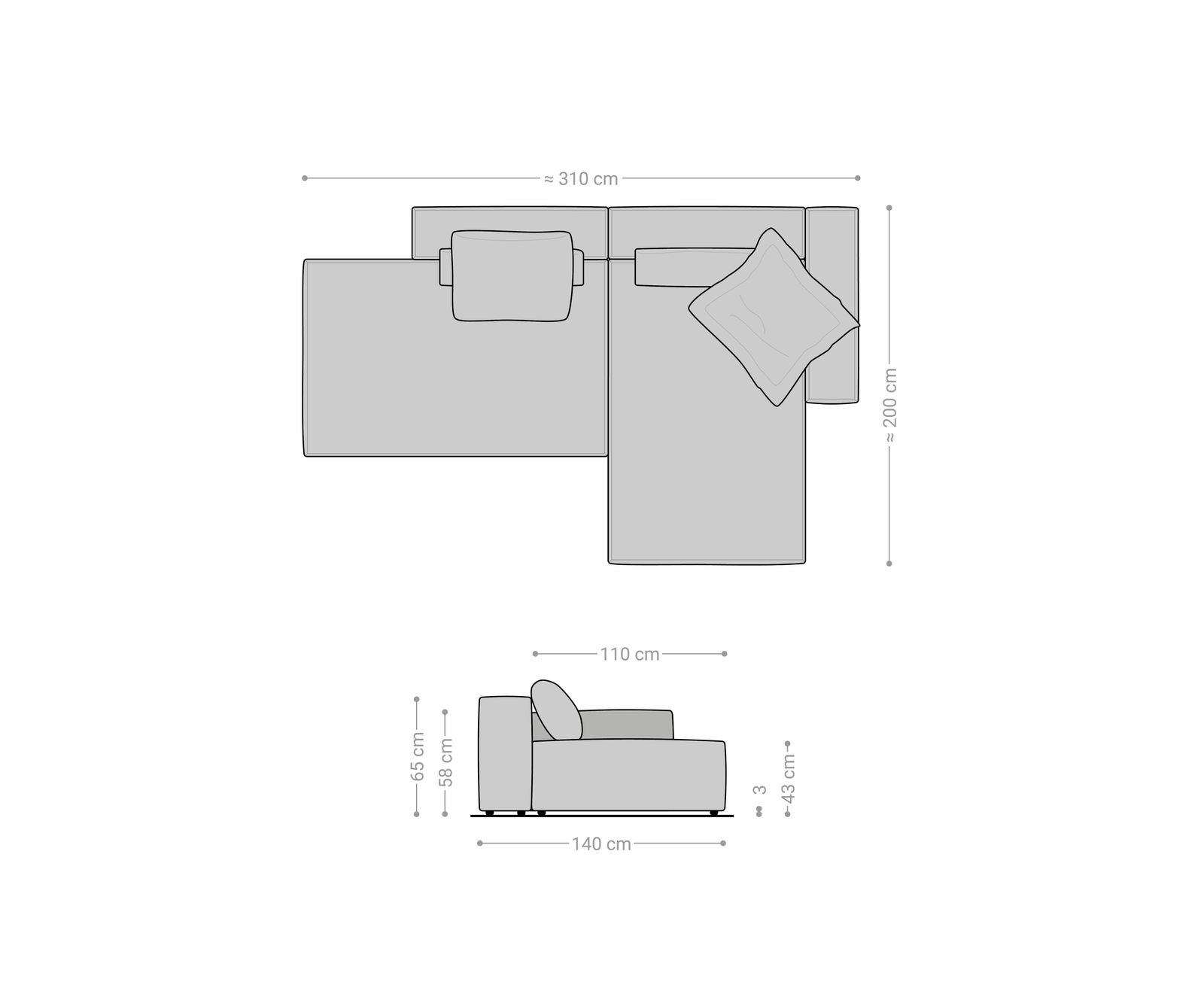 Canapé d'angle Freestyle 310x200 cm Tissu structuré doux Gris couture passepoilée 6