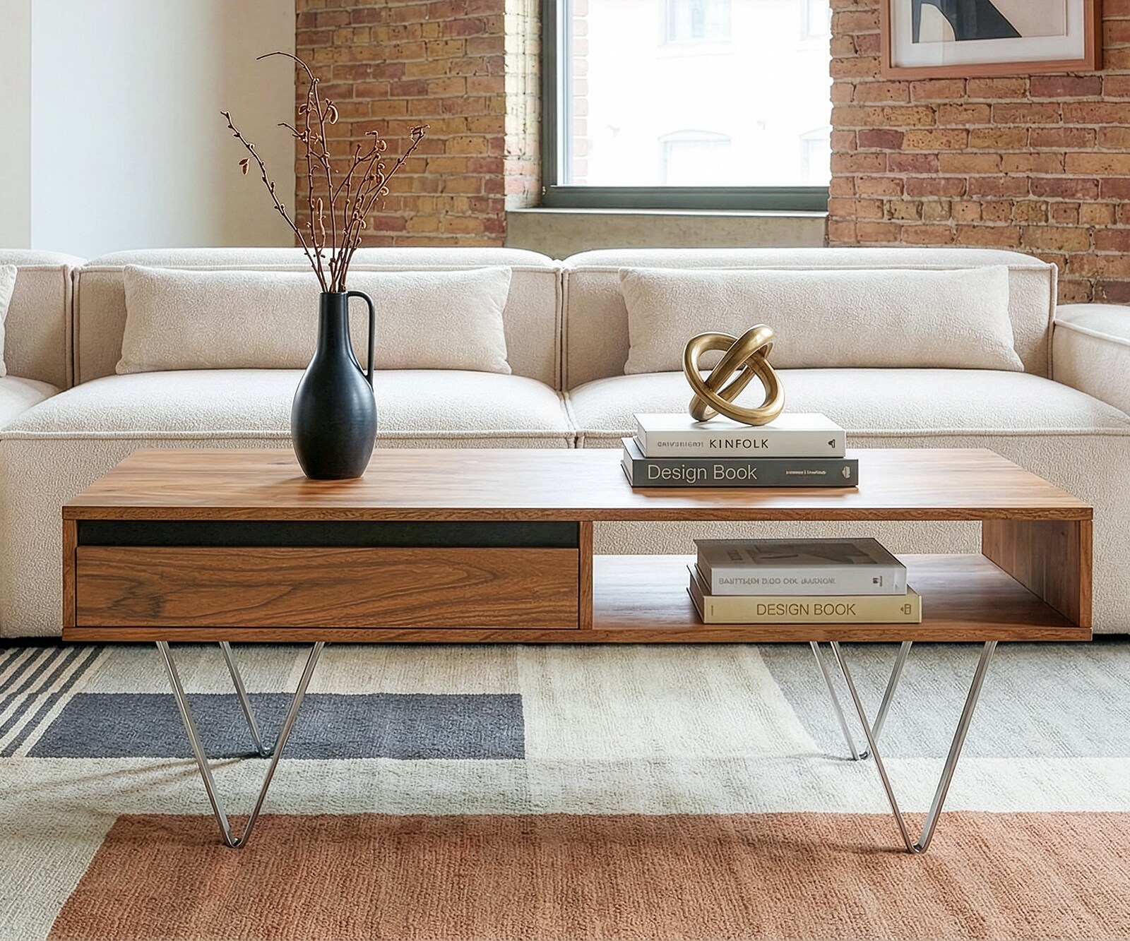 Table-basse Stonegrace 115x60x35 cm acacia naturel ardoise 2 tiroirs 1 compartiment 2