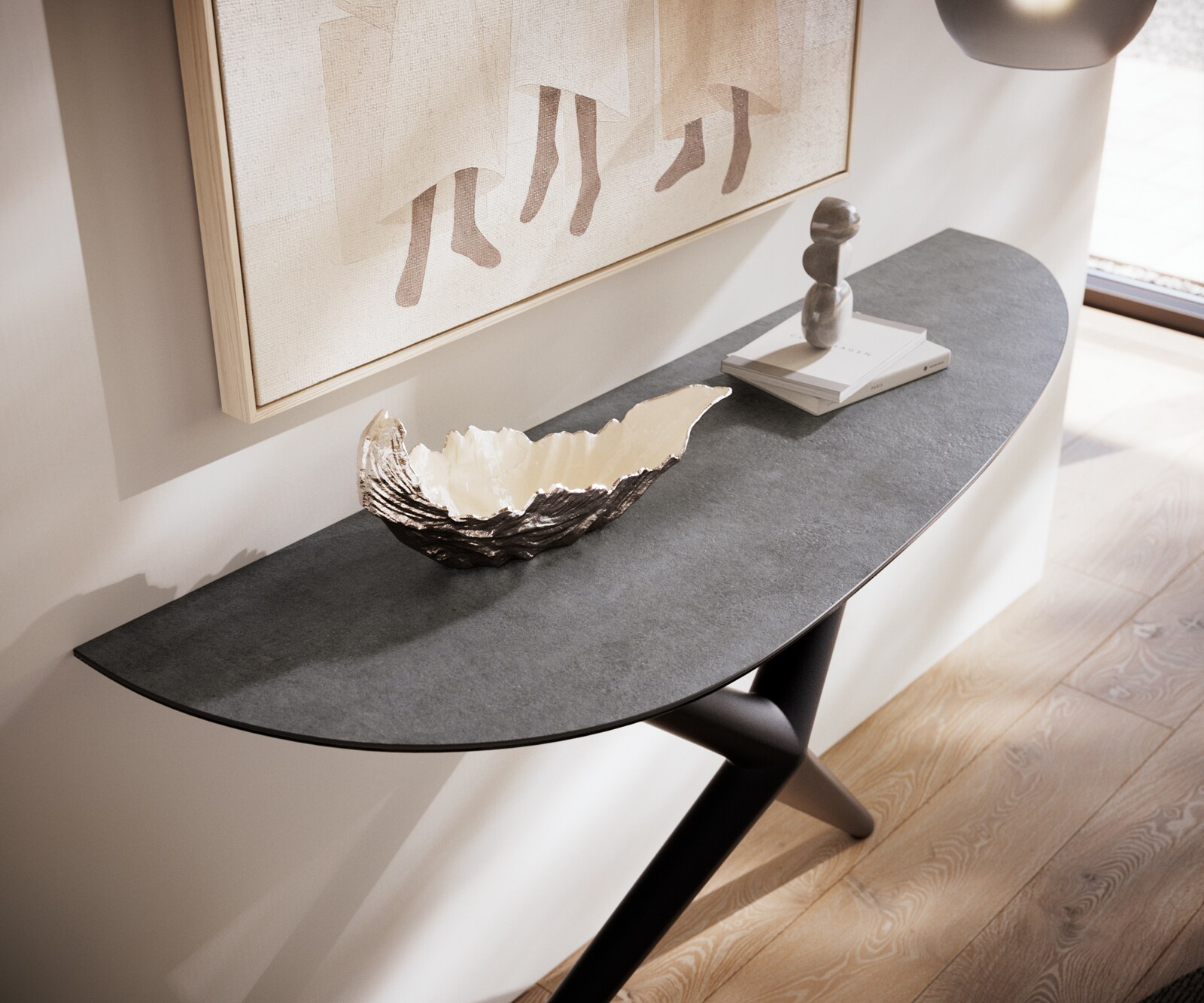 Table console Edge Oval 140x40 cm Céramique Béton Gris Estelo Métal Noir 5
