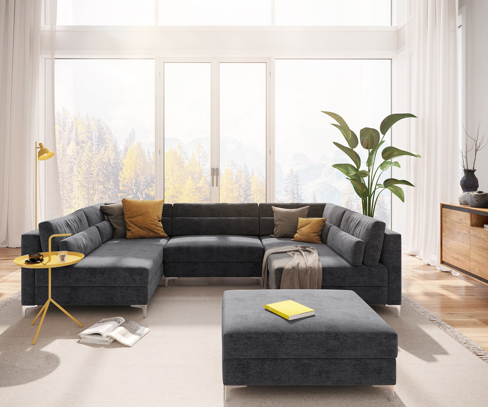 Canapé-panoramique Elio 300x185 cm microfibre graphite avec pouf 1