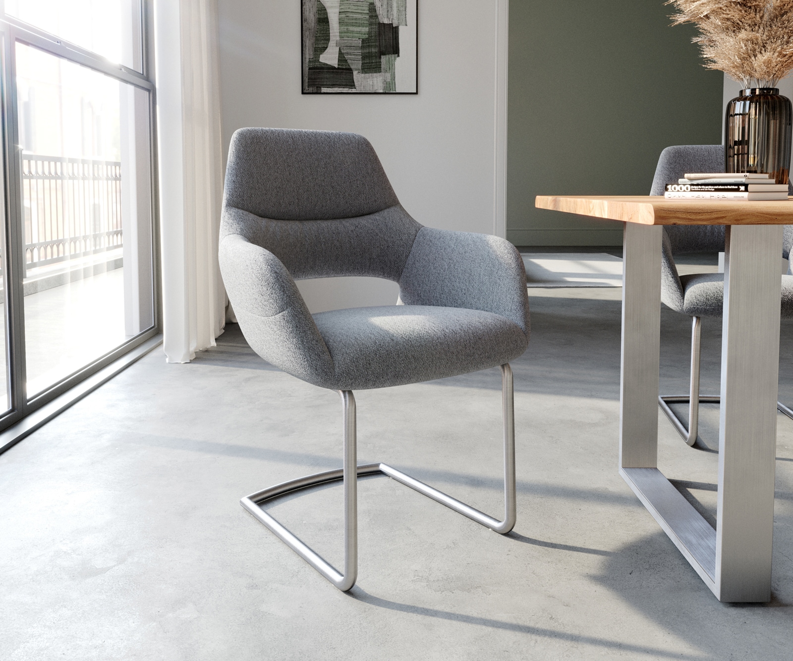Cantilever Yago-Flex avec accoudoirs tissu texturé gris clair pied cantilever rond acier inoxydable brossé ressorts ensachés Cantilever Yago-Flex avec accoudoirs tissu texturé gris clair pied cantilever rond acier inoxydable brossé ressorts ensachés