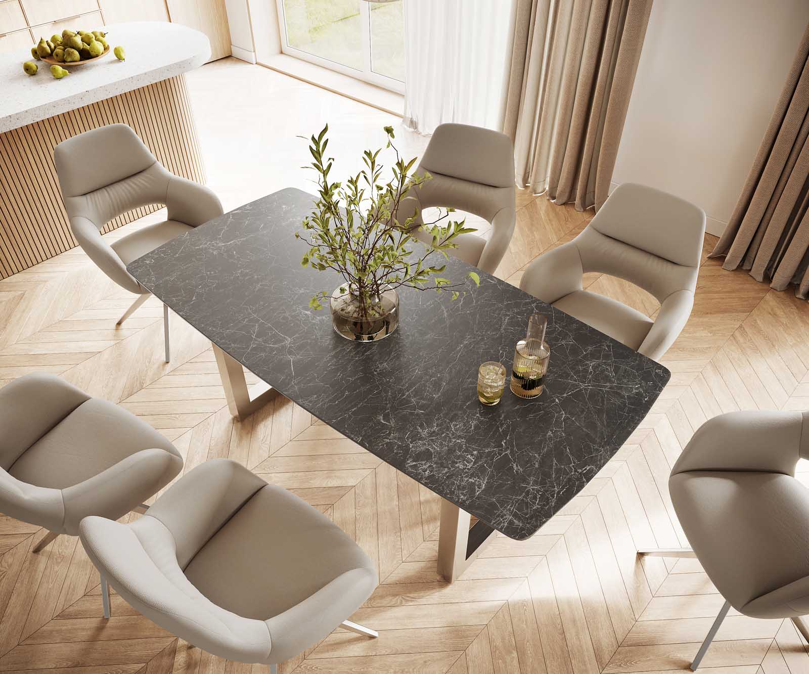 Table-à-manger Edge forme Boot 200x100 céramique Laminam® nero greco gris inox large 4
