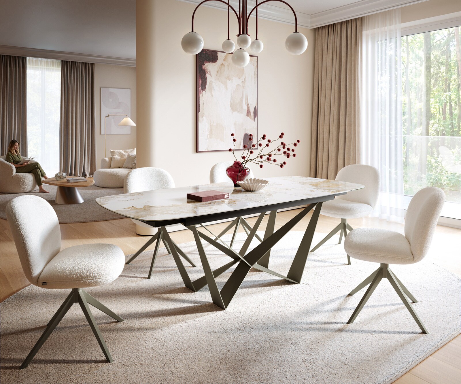 Table à manger Edge Boot 180-220x100 cm Céramique Minas Melange Blanc-Beige Spider Métal Finition effet Titan extensible 1