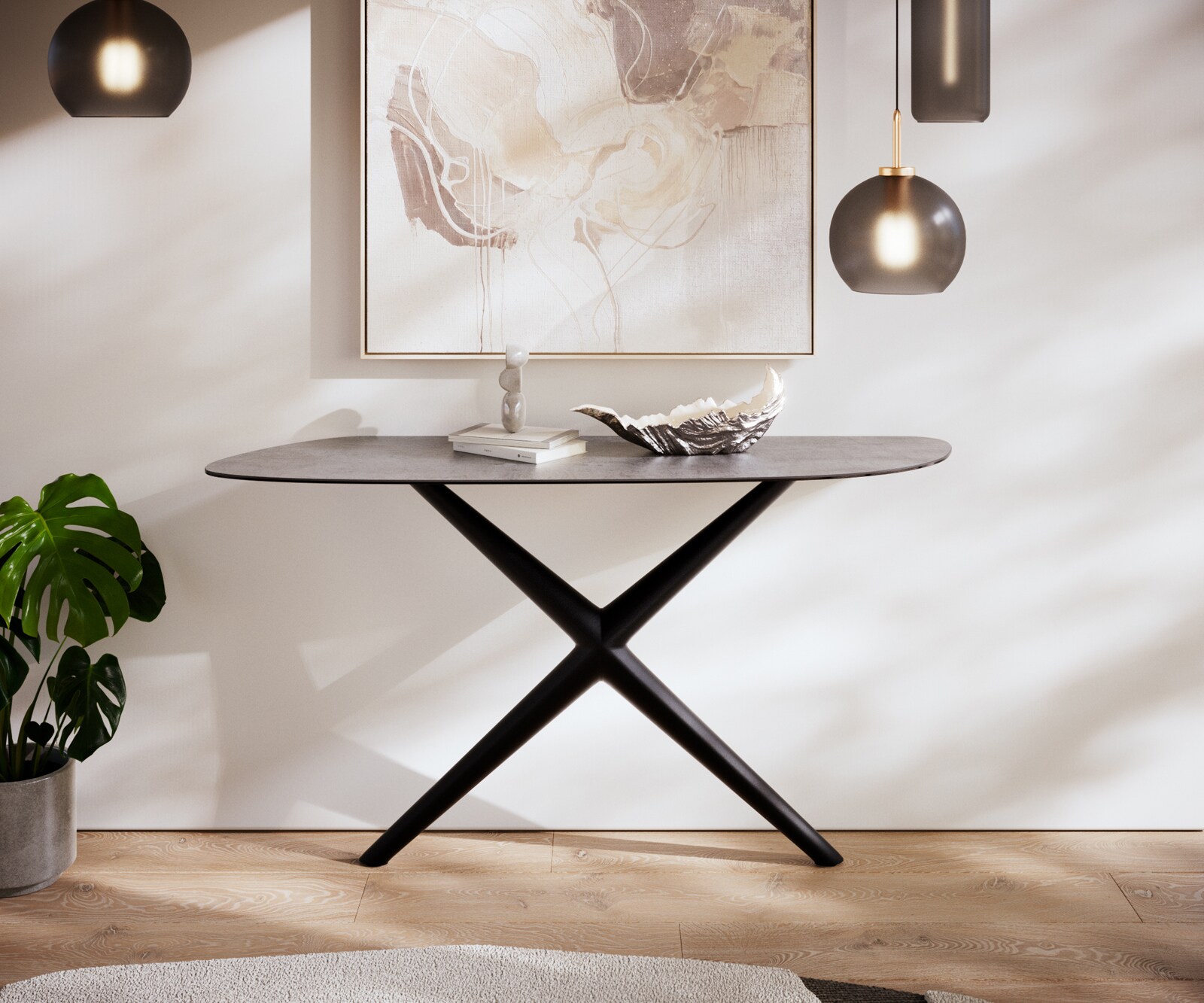 Table console Edge Organique 140x40 cm Céramique Béton Gris Estelo Métal Noir