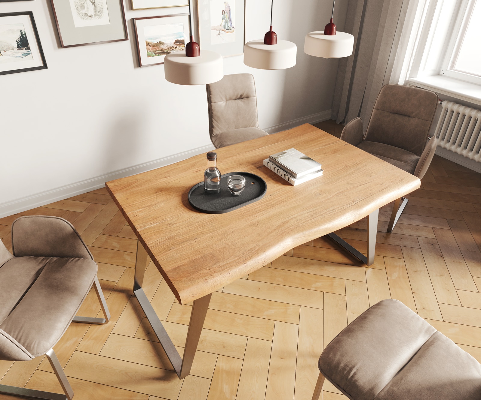 Table-à-manger Edge 140x90 XL acacia nature acier inoxydable incliné Live-Edge 3 Table-à-manger Edge 140x90 XL acacia nature acier inoxydable incliné Live-Edge 3