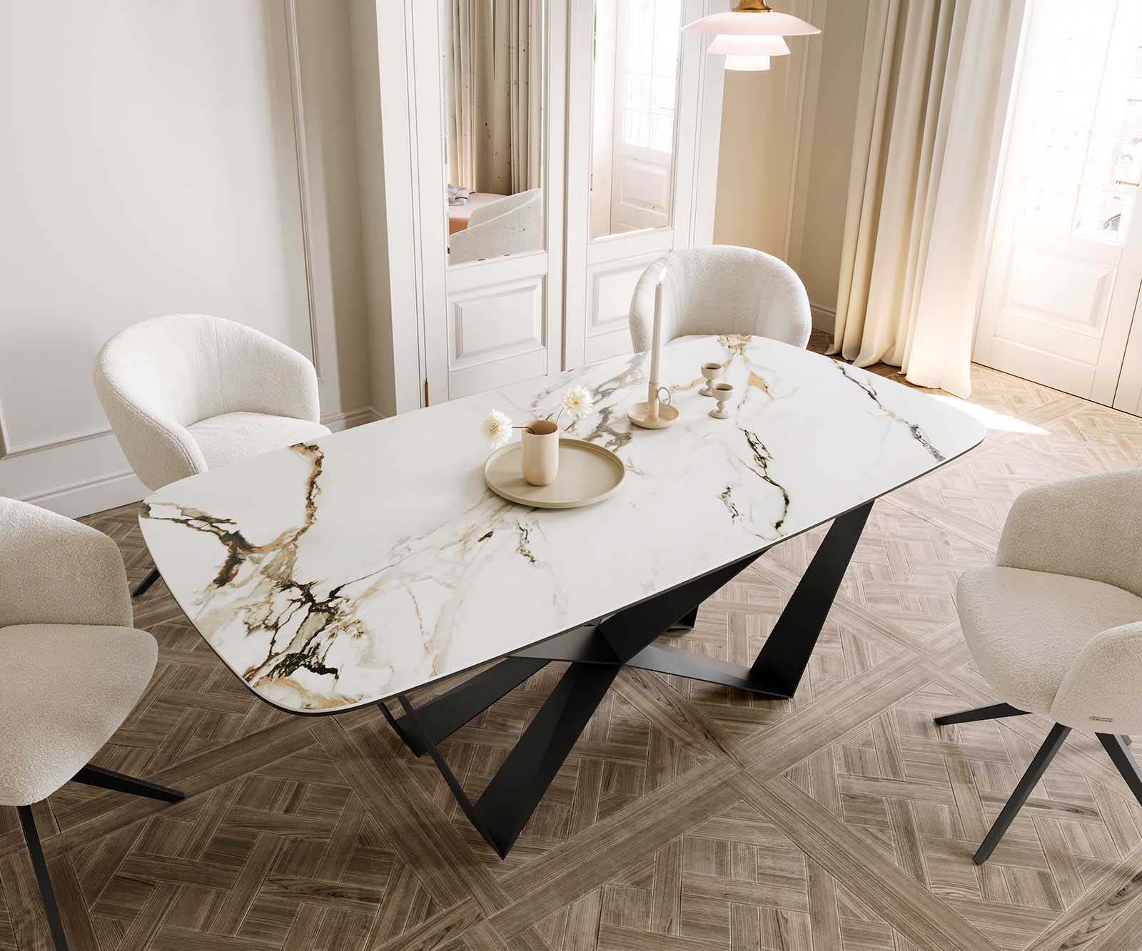 Table à manger Edge en forme de bateau 200x100 céramique Calacatta Luxe blanc-doré-gris Spider acier plat noir 4