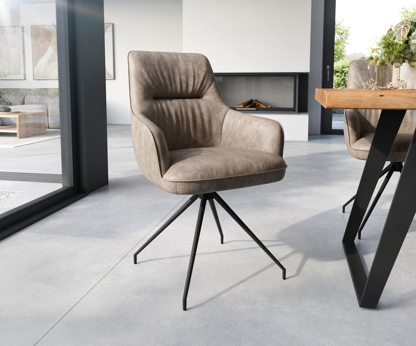 Chaise-de-salle-à-manger Zelia-Flex avec accoudoirs microvelours taupe vintage pied croisé conique noir ressorts ensachés
