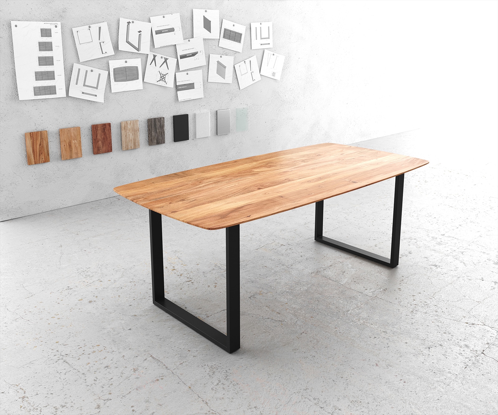Table à manger Edge Boot 200x100 Acacia Naturel cadre traîneau Noir Bord Suisse