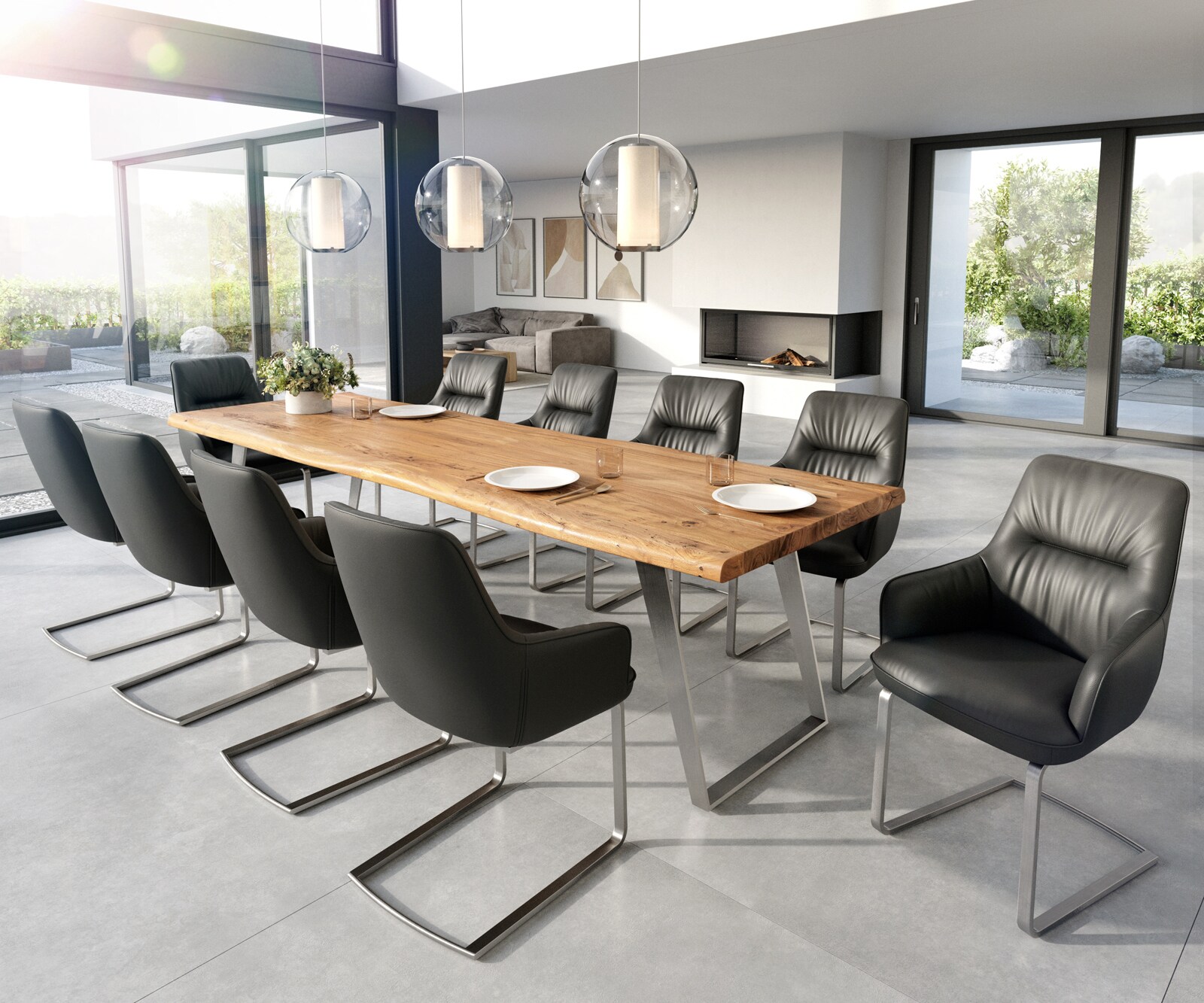 Cantilever Zelia-Flex avec accoudoirs cuir de vache noir pied cantilever plat acier inoxydable brossé ressorts ensachés 3