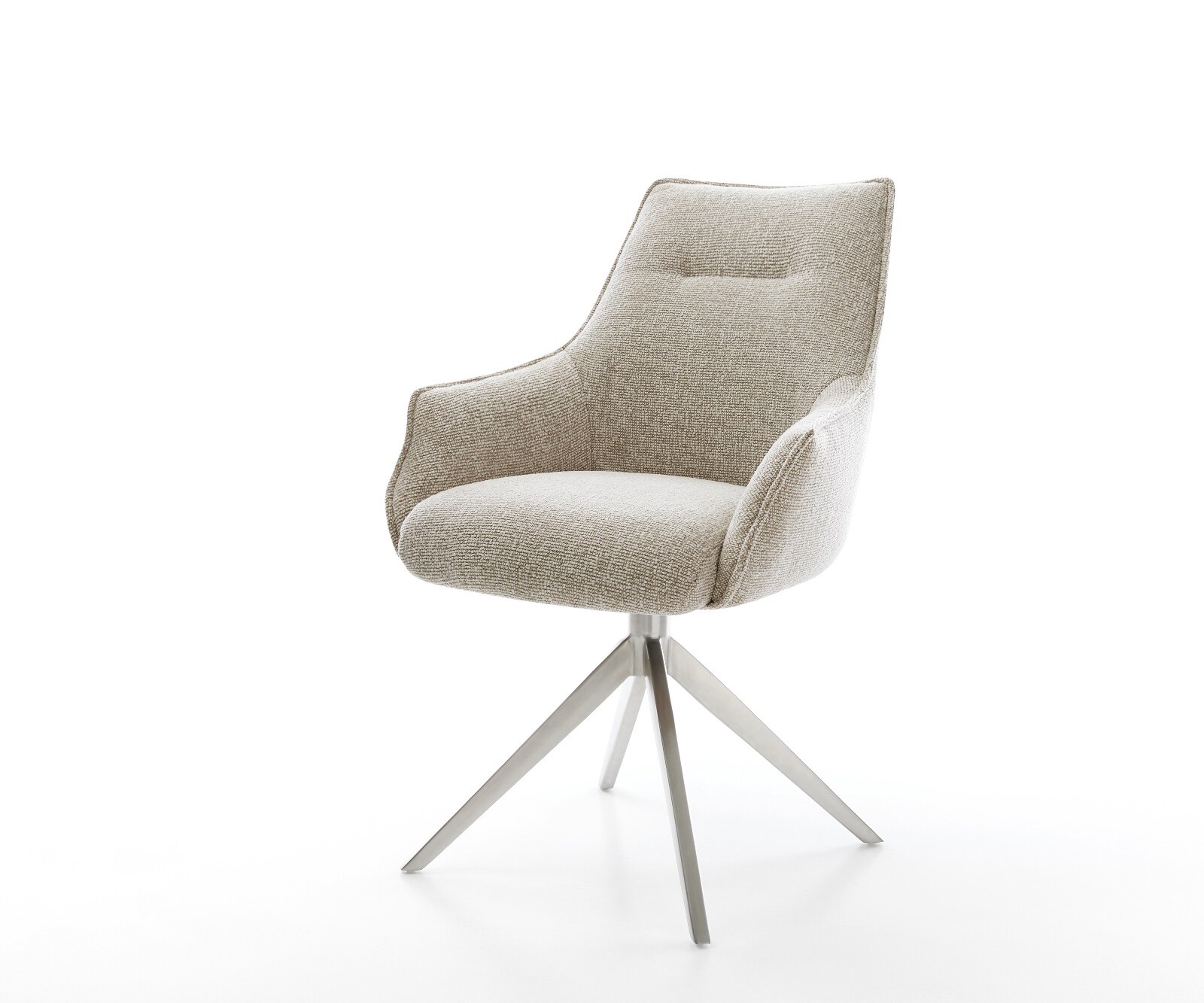 Chaise-pivotante Alja-Flex avec accoudoirs tissu tissé doux beige pied croisé large acier inoxydable pivotement sur 360° fonction bascule resorts ensachés