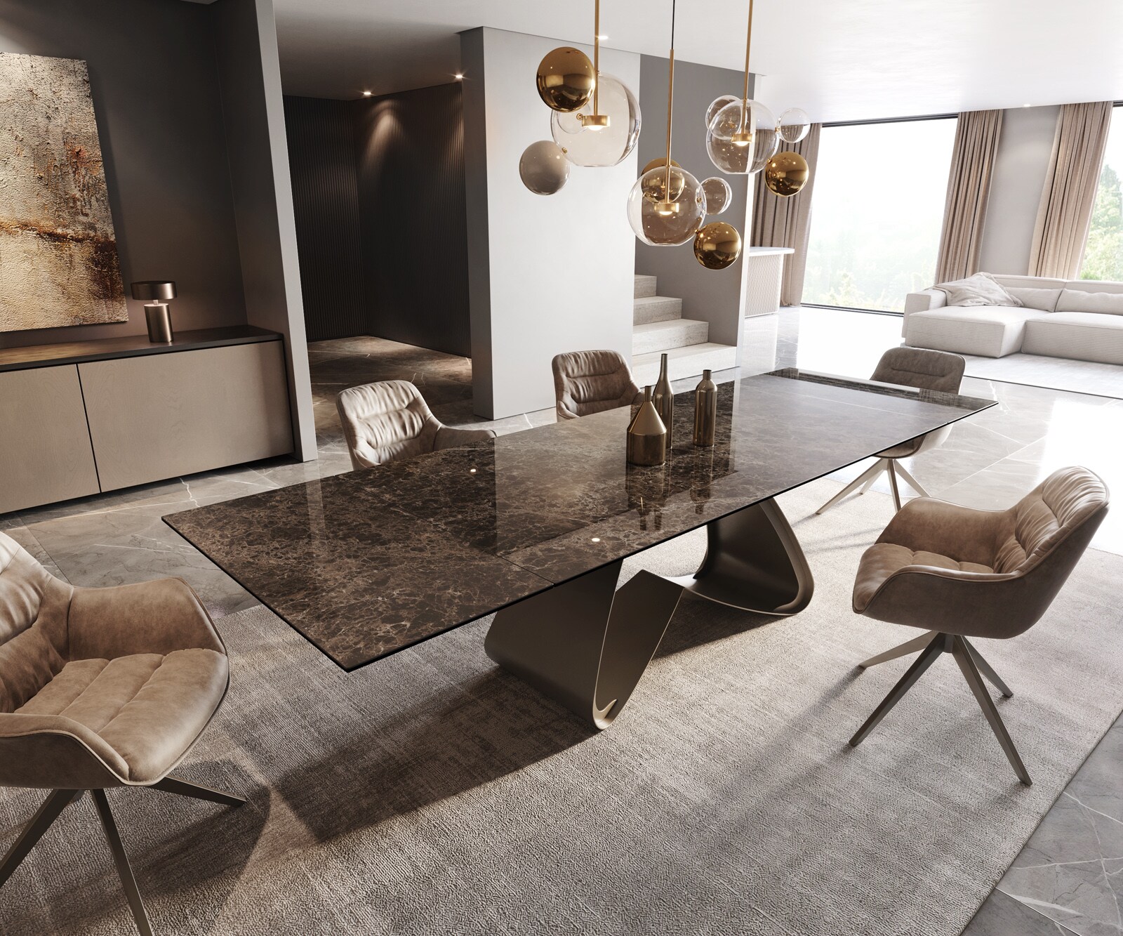 Table de salle à manger Edge Céramique Emperador Extra Lucidato Brun foncé 200-300x100 Piètement en W finition effet Titane extensible