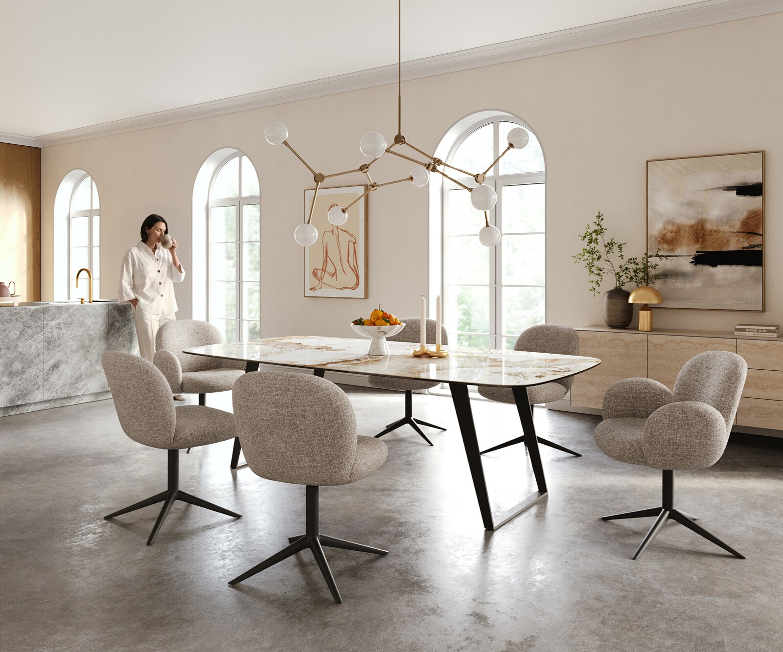 Table à manger Edge Boot 240x120 cm Céramique Minas Melange Blanc-Beige Métal Schräg Noir 6