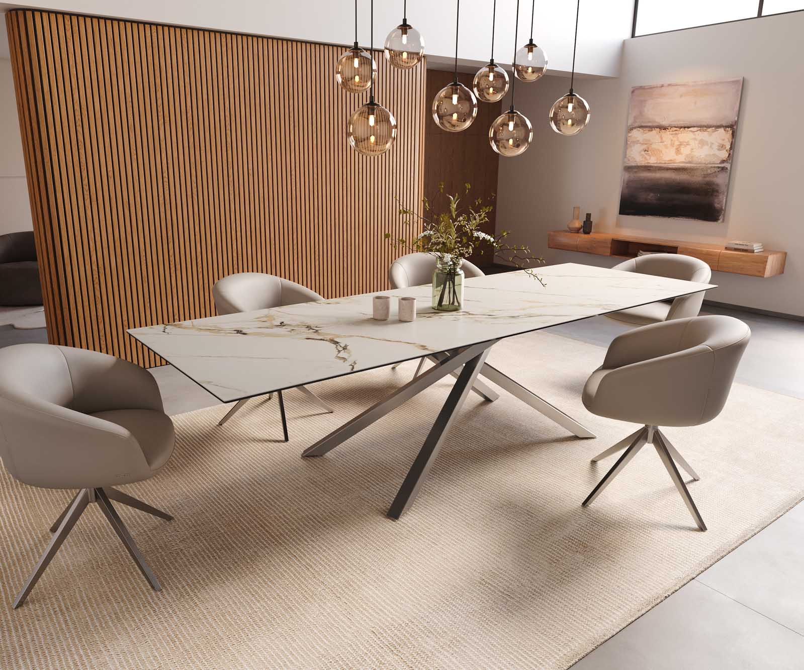 Table à manger Edge 300x100 céramique Calacatta Luxe blanc-doré-gris cadre croisé rectangulaire acier inoxydable 8