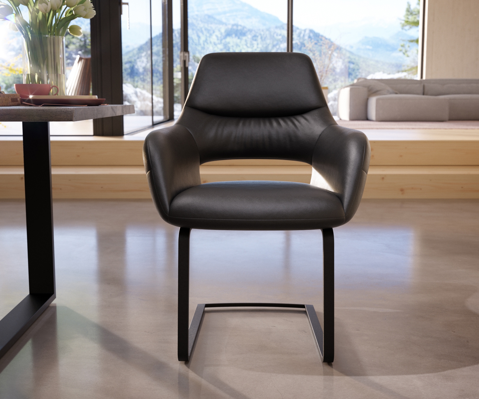 Cantilever Yago-Flex avec accoudoirs cuir de vache noir pied cantilever plat noir ressorts ensachés 1 Cantilever Yago-Flex avec accoudoirs cuir de vache noir pied cantilever plat noir ressorts ensachés 1
