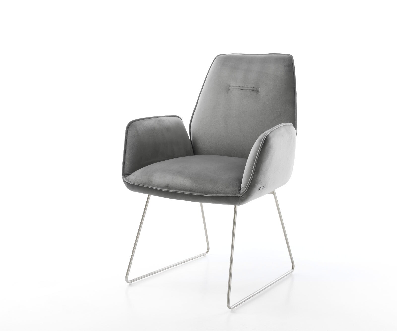 Chaise-de-salle-à-manger Zoa-Flex velours gris pied trapèze acier inoxydable brossé ressorts ensachés