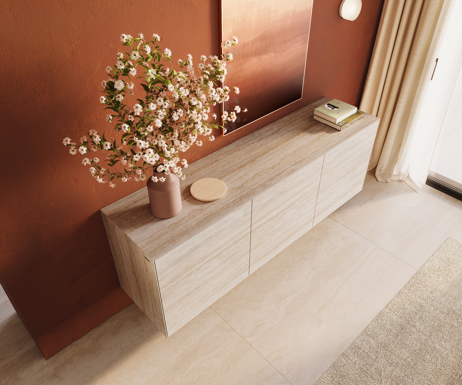 Buffet Cuor 180 cm Céramique Laminam® Travertino Bianco Crème-blanc 2 Portes 3 Tiroirs Flottant 3