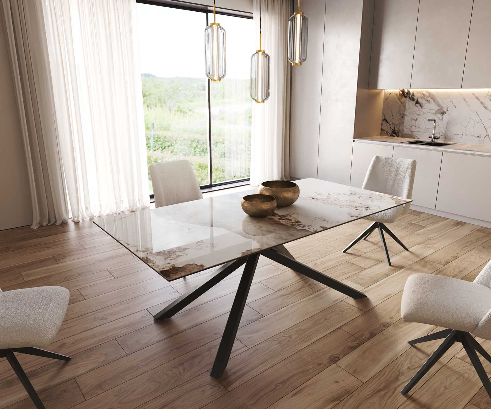 Table à manger Edge 200x100 céramique Minas mélange blanc-beige cadre croisé rectangulaire noir Table à manger Edge 200x100 céramique Minas mélange blanc-beige cadre croisé rectangulaire noir