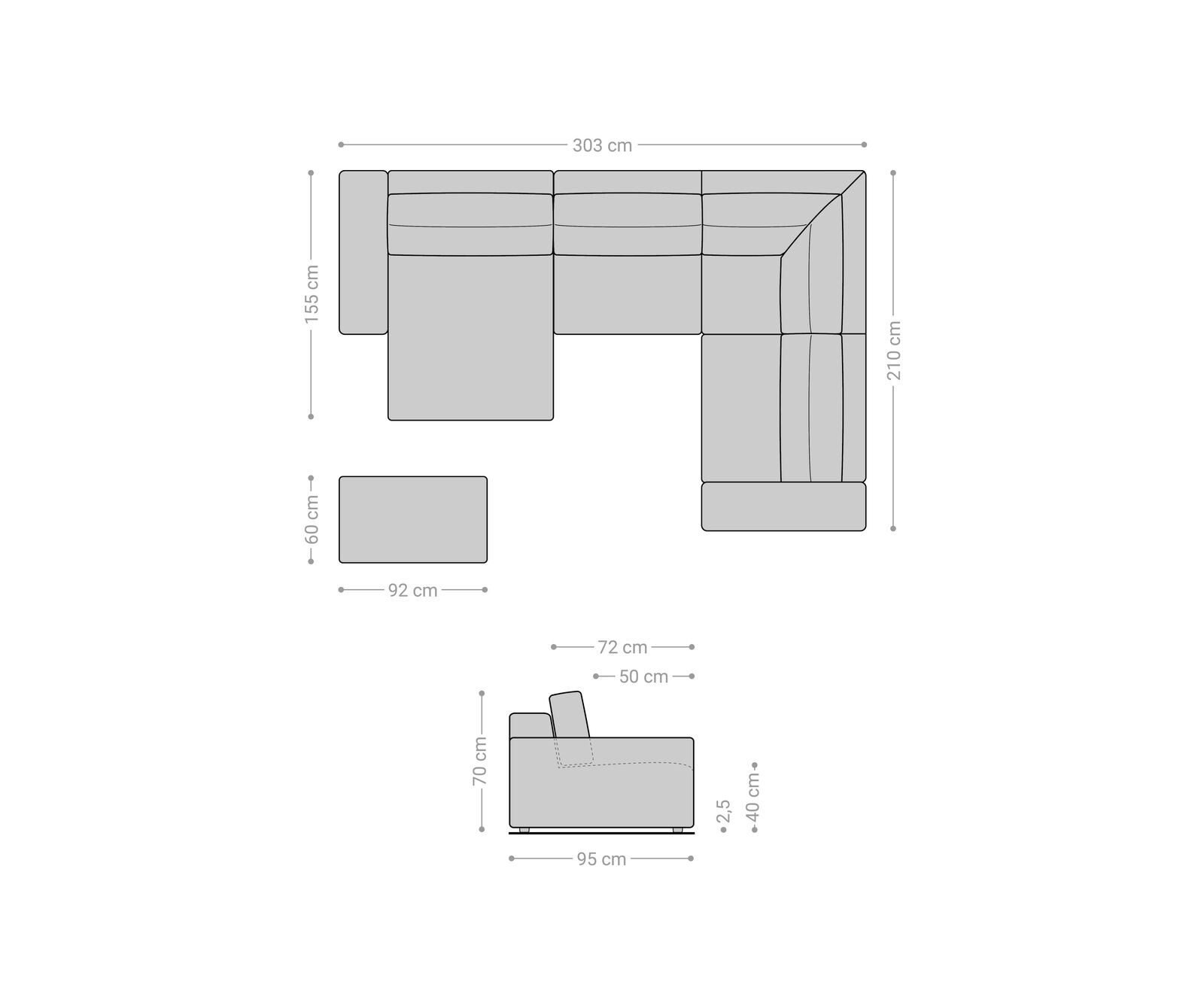 Grand canapé d’angle Lanzo 300x210 cm velours côtelé beige méridienne réversible avec pouf 6