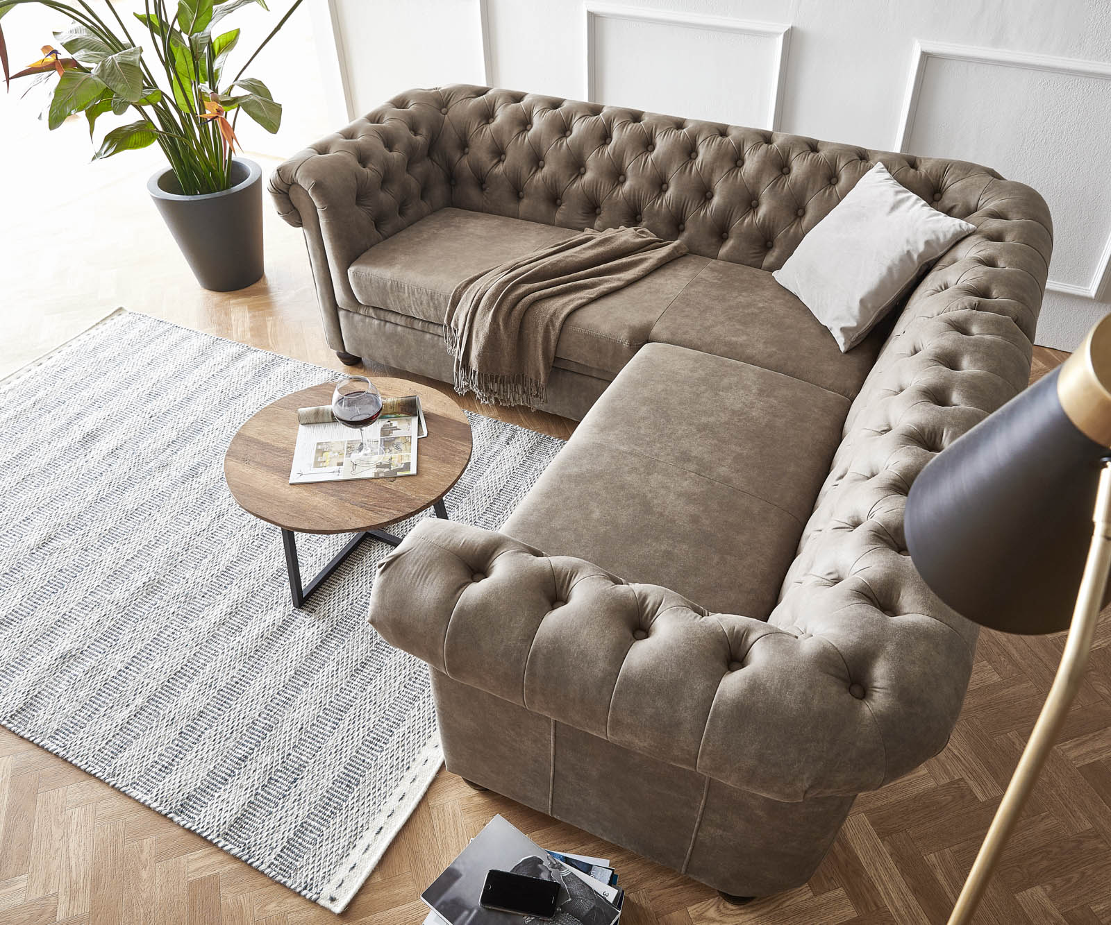 Canapé-d'angle Chesterfield 209x200 cm taupe matelassé 1 Canapé-d'angle Chesterfield 209x200 cm taupe matelassé 1