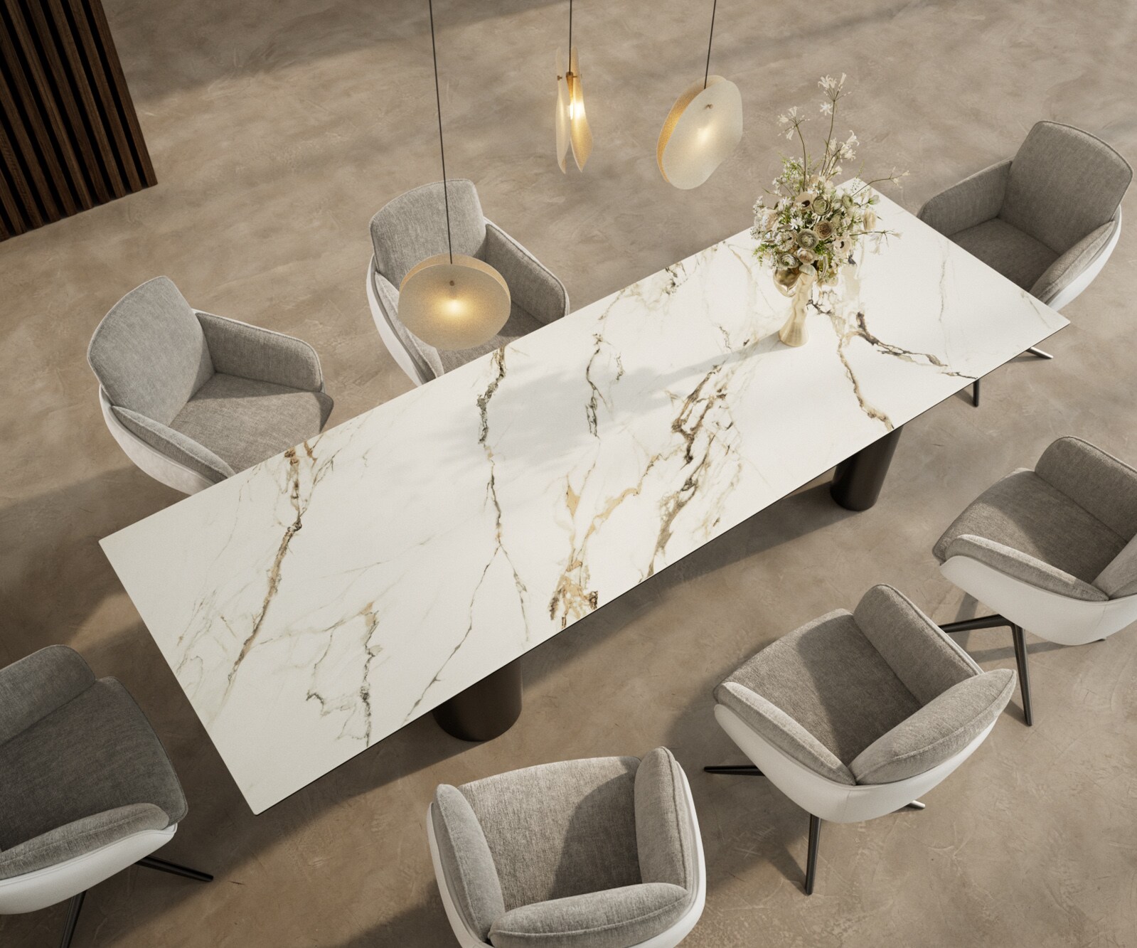 Table à manger Edge 300x100 Céramique Calacatta Luxe Blanc-Doré-Gris Pilier Acier inoxydable Graphite 3