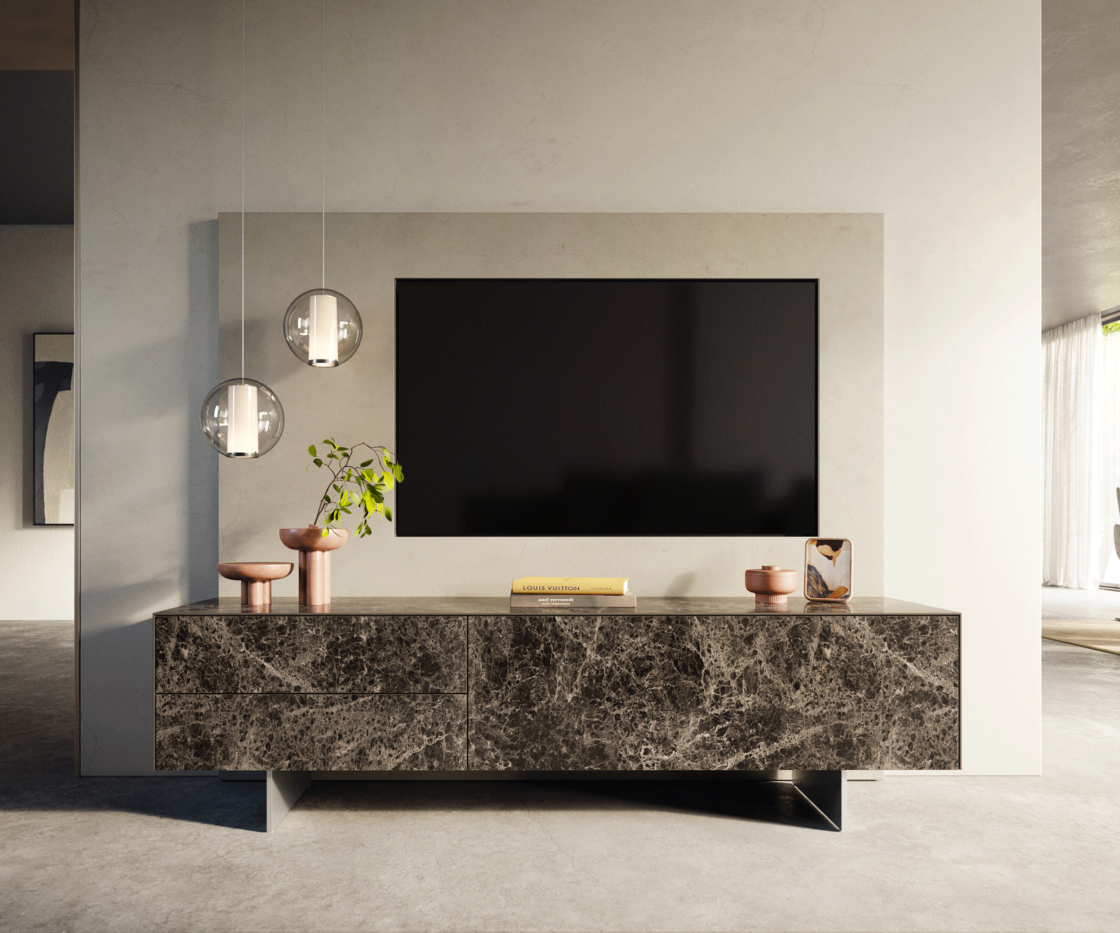 Meuble-TV Cuor 180 cm Céramique Laminam® Emperador Extra Lucidato brun foncé 1 Clapet 2 Tiroirs Pied optique flottant Ancier inoxydable 2