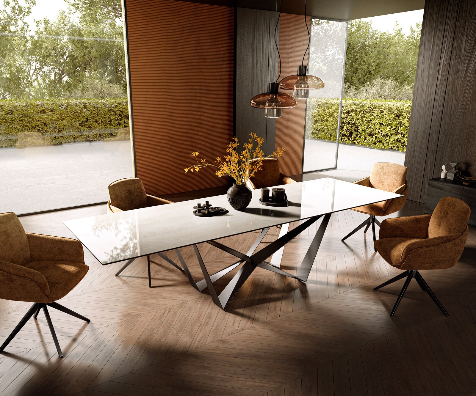 Table à manger Edge 300x100 cm céramique Onyx Champagne Spider acier plat inox graphite 7
