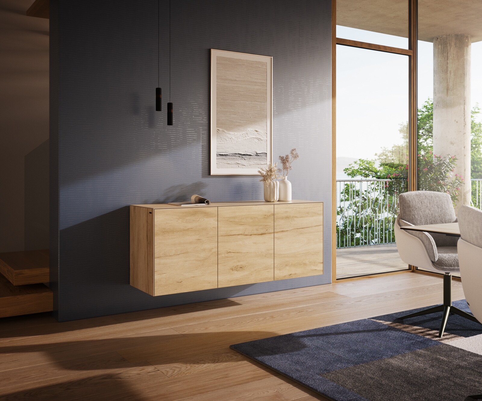 Buffet Cuor 150 cm Céramique Laminam® Sabbia Teinte chêne 3 Portes Flottant 1