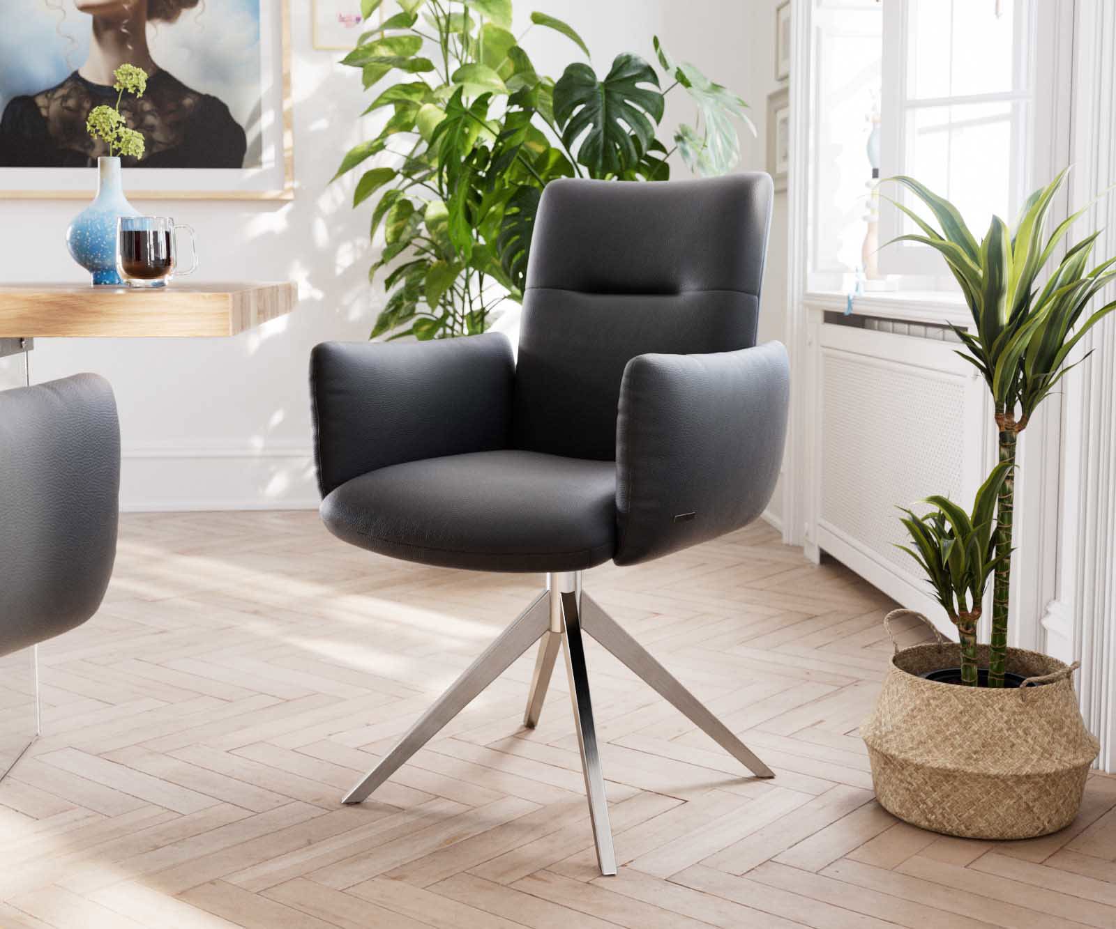 Chaise-pivotante Jova-Flex avec accoudoirs cuir de vache noir pied croisé large acier inoxydable brossé pivotement sur 360° ressorts ensachés