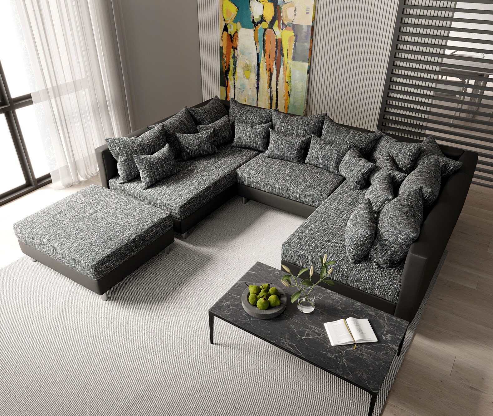 Canapé-panoramique Clovis Noir modulable avec tabouret  4