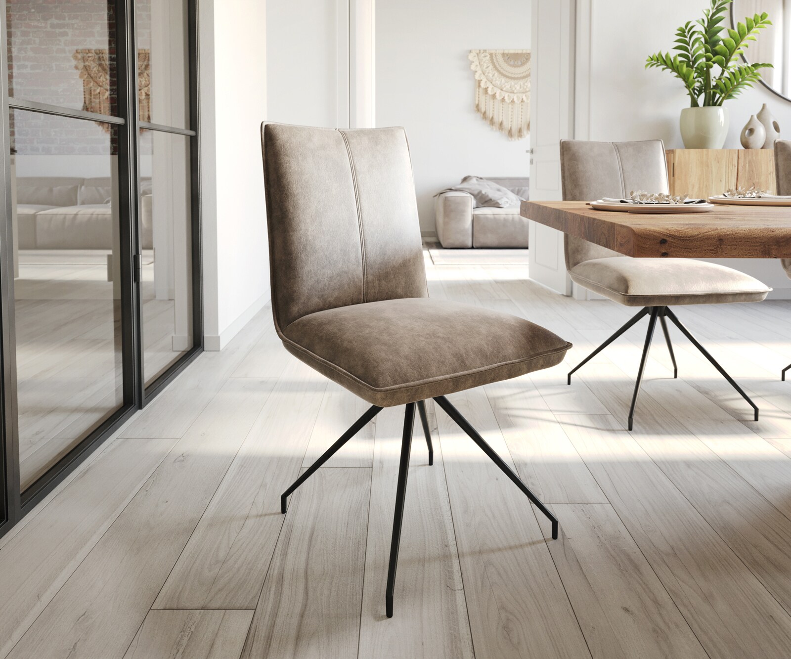 Chaise-de-salle-à-manger Lelio-Flex microvelours taupe vintage pied croisé conique noir ressorts ensachés
