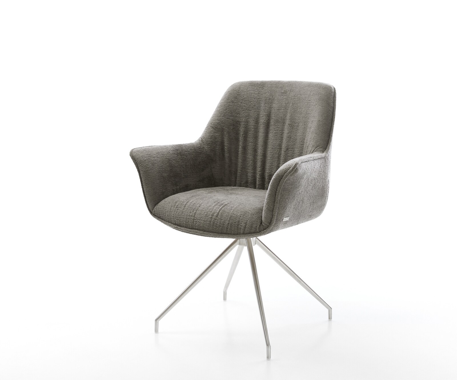 Chaise-de-salle-à-manger Keila-Flex avec accoudoirs bouclé doux couleur boue pied croisé conique acier inoxydable