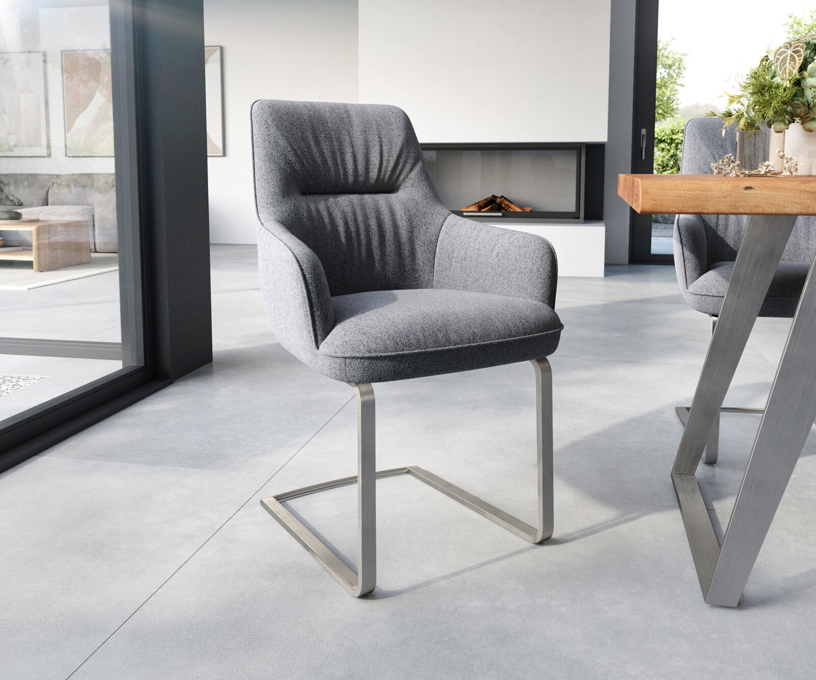 Cantilever Zelia-Flex avec accoudoirs tissu texturé gris clair pied cantilever plat acier inoxydable brossé ressorts ensachés