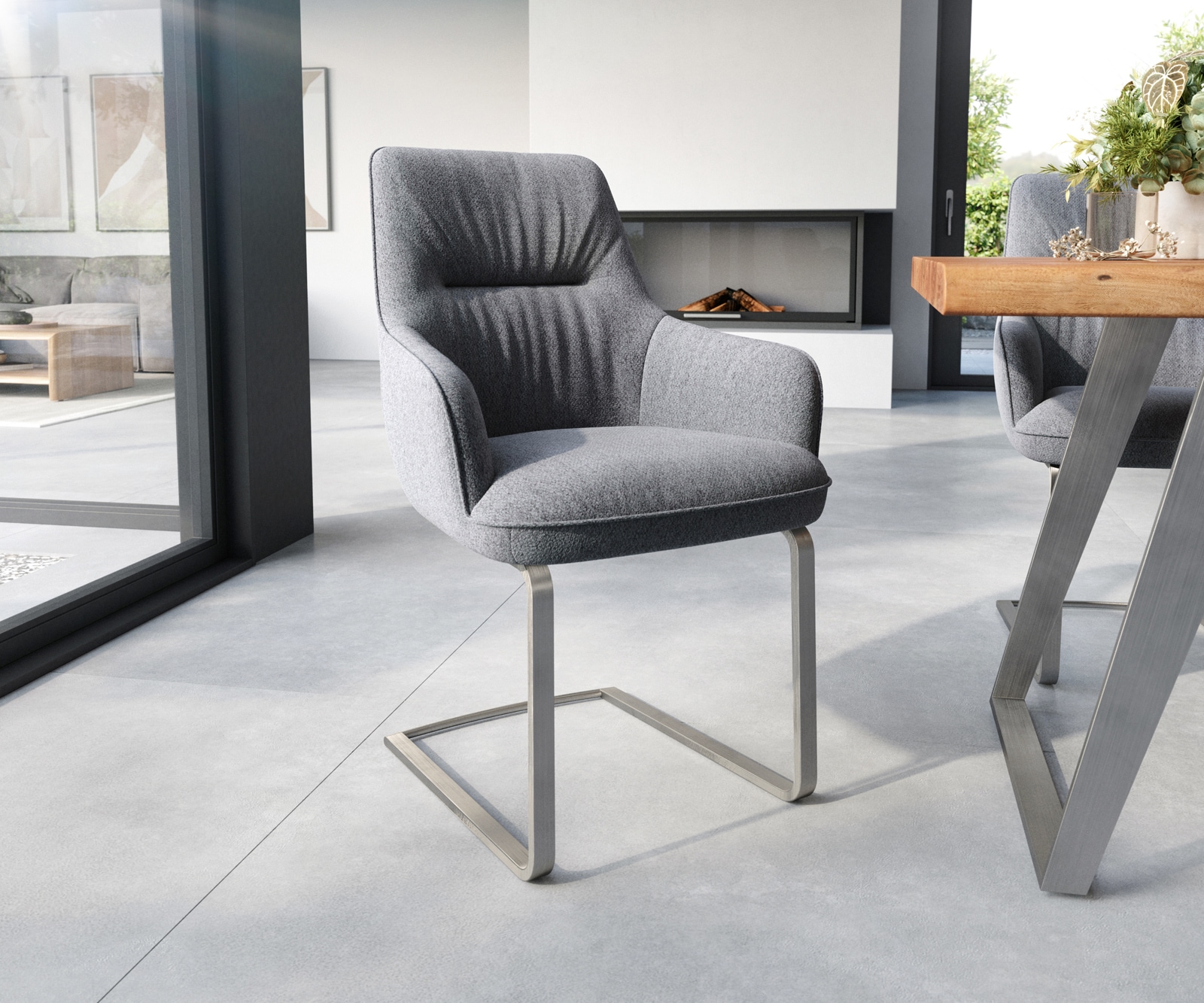 Cantilever Zelia-Flex avec accoudoirs tissu texturé gris clair pied cantilever plat acier inoxydable brossé ressorts ensachés Cantilever Zelia-Flex avec accoudoirs tissu texturé gris clair pied cantilever plat acier inoxydable brossé ressorts ensachés