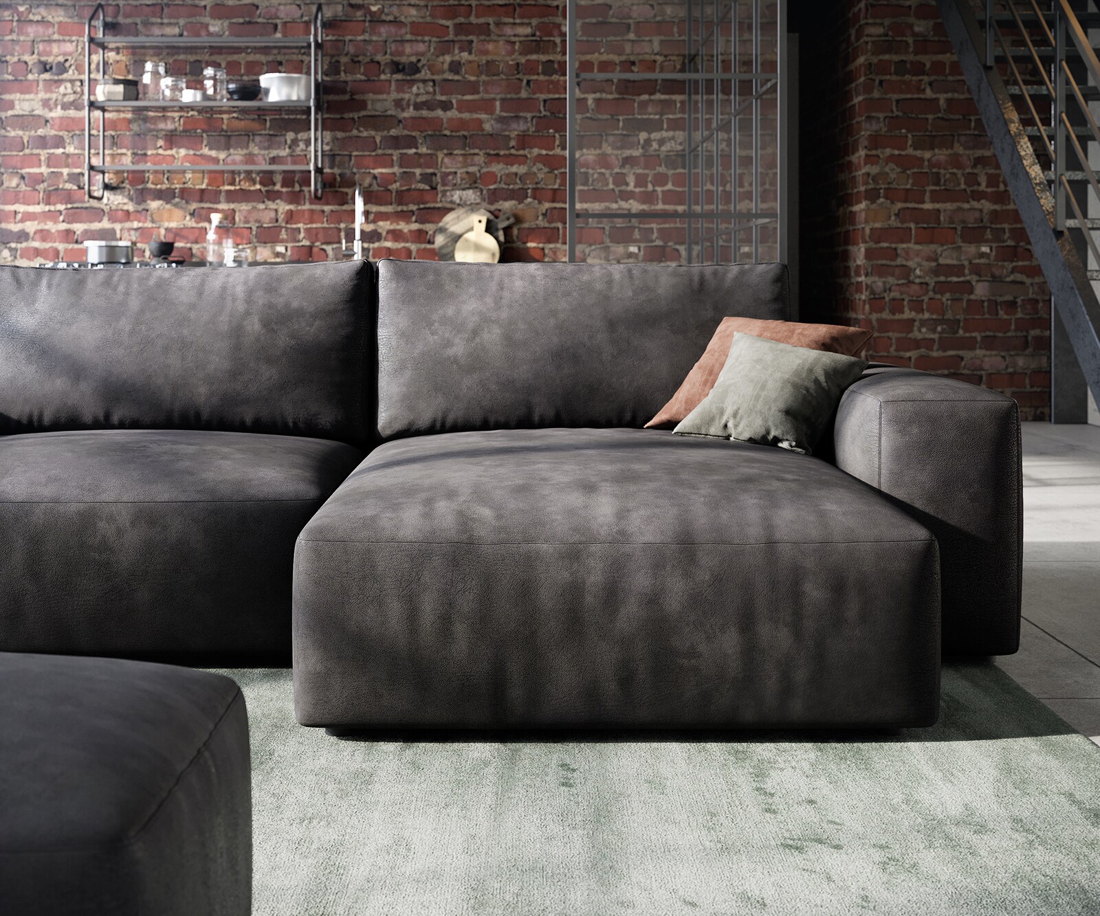 Canapé d’angle Lanzo 230x155 cm similicuir vintage anthracite méridienne réversible avec pouf 6