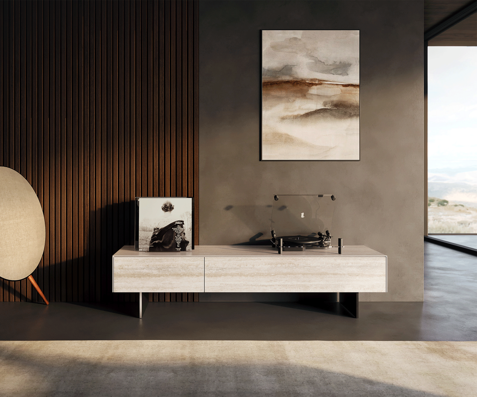 Meuble-TV Cuor 150 cm Céramique Laminam® Travertino Bianco Crème-blanc 1 Clapet 1 Tiroir Pied optique flottant Métal Noir 2