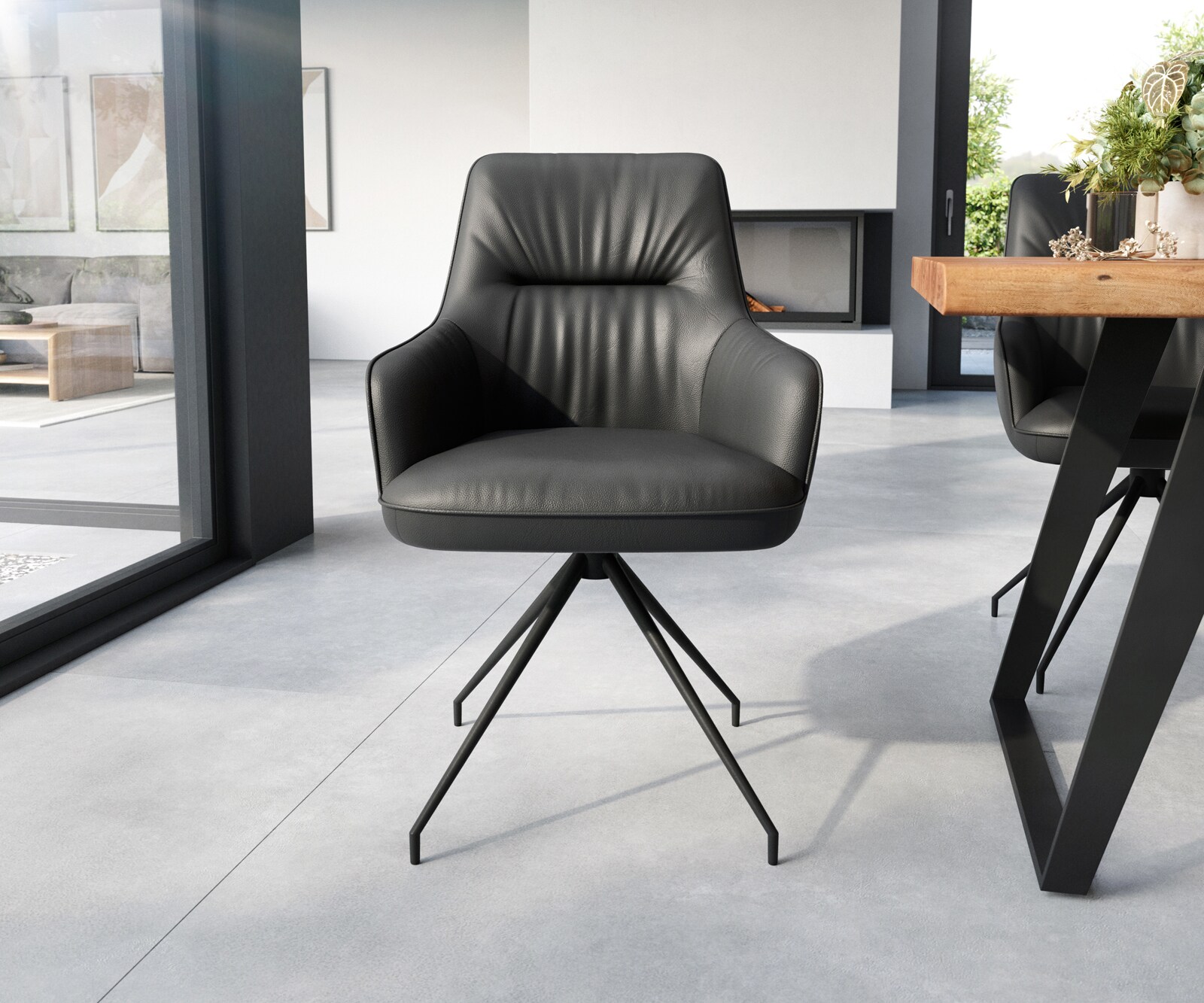 Chaise-de-salle-à-manger Zelia-Flex avec accoudoirs cuir de vache noir pied croisé conique noir ressorts ensachés 1
