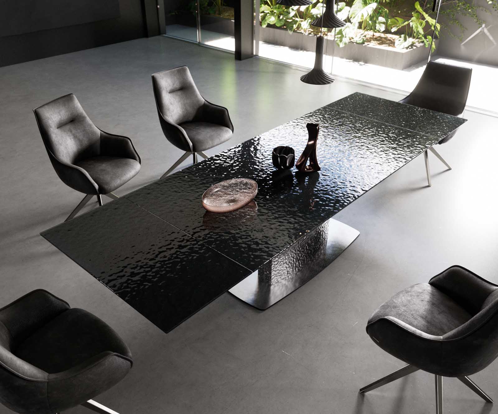 Table à manger Edge 200-300x100 verre fondu noir fumé relief en 3D Wave acier inoxydable extensible 3