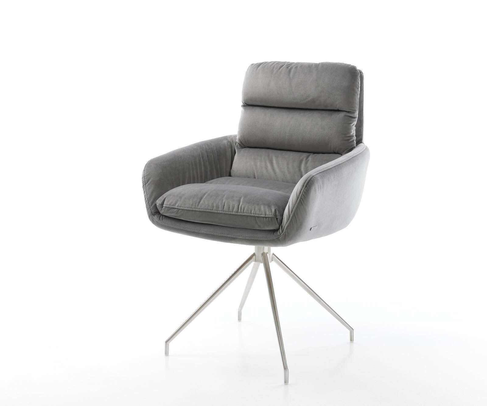 Chaise-de-salle-à-manger Abelia-Flex avec accoudoirs velours gris pied croisé conique acier inoxydable brossé 1